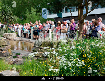 Les visiteurs de la RHS Chelsea Flower Show 2014 entourant Alan Titchmarsh's garden Bretagne en fleur. London UK Banque D'Images