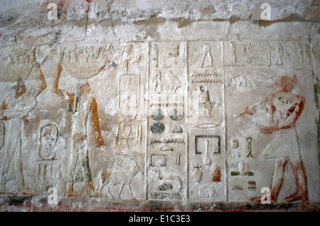 Mastaba de Ptahhotep et Akhethotep. 5ème dynastie. Relief représentant le transport de produits offerts pour l'au-delà. Saqqara. L'Égypte. Banque D'Images