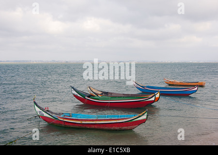 Moliceiros traditionnels bateaux de pêche avec des proues, peint dans des couleurs vives, amarré au large de Torreira. Banque D'Images