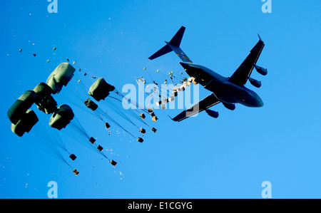 Un U.S. Air Force C-17 Globemaster III gouttes palettes de l'eau et l'alimentation plus de Mirebalais, Haïti, 21 janvier 2010, pour être dis Banque D'Images