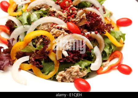 Une salade de thon aux légumes mixtes sur blanc Banque D'Images