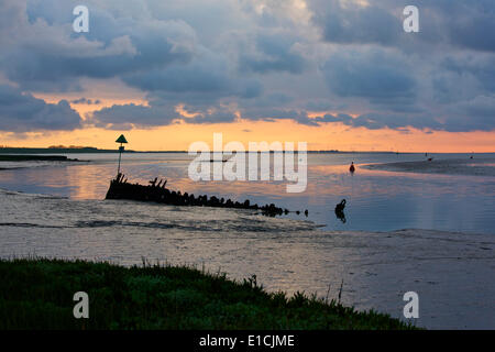 L'estuaire de Swale près de Faversham, Kent UK 31 Mai 2014 : Le soleil se lève sur une vieille épave que la marée se retire. La ferme éolienne de Kentish flats peut être vu sur l'horizon sur l'île de Sheppey. Comme pour l'une des prédictions les plus chauds enregistrés continuent, une belle journée commence le week-end comme les douches des jours précédents à régler, bien que les perspectives pour la semaine prochaine est un mélange d'averses et éclaircies Banque D'Images