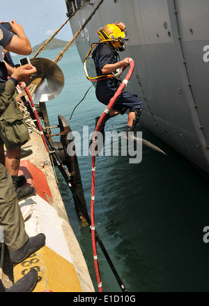 Plongeur de la Marine américaine 2e classe Zachry Brandon saute dans l'eau à côté du quai de débarquement amphibie USS TORTUGA (LSD 46) à begi Banque D'Images