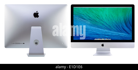 Nouvel iMac 27 avec OS X Mavericks. Vues avant et arrière de Nouvelle Apple iMac 27 pouces contre l'arrière-plan blanc. Banque D'Images