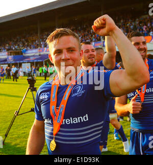 Dublin, Irlande. 31 mai, 2014. Ian Madigan (Leinster) célèbre remportant la RaboDirect Pro12 match final entre Leinster et Glasgow au RDS Arena. Credit : Action Plus Sport/Alamy Live News Banque D'Images