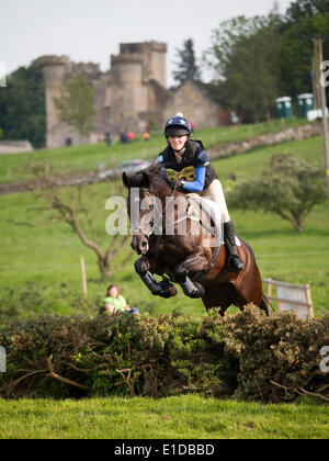 Belsay, UK. 31 mai, 2014. Un concurrent dans le cross-country de l'article supprime les sauts lors de l'équitation de Belsay 2014, organisé pour la deuxième année consécutive en raison de Belsay château dans le Northumberland, en Angleterre. Belsay château lui-même, visible en arrière-plan, est géré par l'English Heritage et est ouvert au public toute l'année. Credit : AC Images/Alamy Live News Banque D'Images