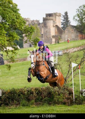 Belsay, UK. 31 mai, 2014. Un concurrent dans le cross-country de l'article supprime les sauts lors de l'équitation de Belsay 2014, organisé pour la deuxième année consécutive en raison de Belsay château dans le Northumberland, en Angleterre. Belsay château lui-même, visible en arrière-plan, est géré par l'English Heritage et est ouvert au public toute l'année. Credit : AC Images/Alamy Live News Banque D'Images