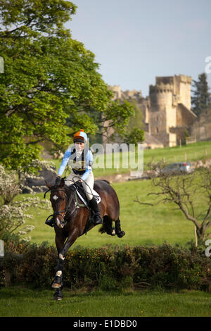 Belsay, UK. 31 mai, 2014. Un concurrent dans le cross-country de l'article supprime les sauts lors de l'équitation de Belsay 2014, organisé pour la deuxième année consécutive en raison de Belsay château dans le Northumberland, en Angleterre. Belsay château lui-même, visible en arrière-plan, est géré par l'English Heritage et est ouvert au public toute l'année. Credit : AC Images/Alamy Live News Banque D'Images