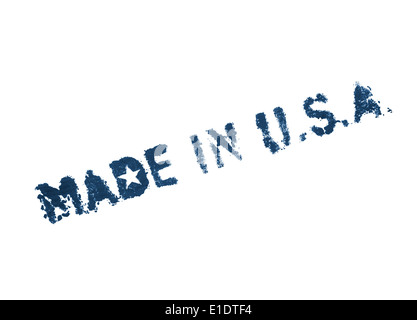 Made in USA. Étiquette peinte en bleu sur fond blanc Banque D'Images