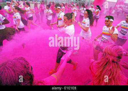 Londres, Royaume-Uni. 1er juin 2014. Les participants à la London W Run, Wembley Park, Londres. La Color Run est une course chronométrée, dans laquelle des milliers de participants sont arrosés de la tête aux pieds dans des couleurs différentes à chaque kilomètre. Couleur et amusant pour tout le monde. Connu comme le plus beau 5K sur la planète. Crédit : Paul Brown/Alamy Live News Banque D'Images