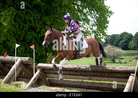 Belsay, UK. 01 Juin, 2014. Un concurrent dans le cross-country de l'article supprime un saut lors de la deuxième journée d'essais 2014 Cheval Belsay, organisé pour la deuxième année consécutive en raison de Belsay château dans le Northumberland, en Angleterre. Belsay château est géré par l'English Heritage et est ouvert au public toute l'année. Credit : AC Images/Alamy Live News Banque D'Images