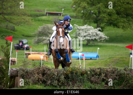 Belsay, UK. 01 Juin, 2014. Un concurrent dans le cross-country de l'article supprime un saut lors de la deuxième journée d'essais 2014 Cheval Belsay, organisé pour la deuxième année consécutive en raison de Belsay château dans le Northumberland, en Angleterre. Belsay château est géré par l'English Heritage et est ouvert au public toute l'année. Credit : AC Images/Alamy Live News Banque D'Images