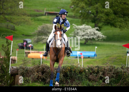 Belsay, UK. 01 Juin, 2014. Un concurrent dans le cross-country de l'article supprime un saut lors de la deuxième journée d'essais 2014 Cheval Belsay, organisé pour la deuxième année consécutive en raison de Belsay château dans le Northumberland, en Angleterre. Belsay château est géré par l'English Heritage et est ouvert au public toute l'année. Credit : AC Images/Alamy Live News Banque D'Images