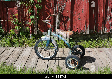 Un tricycle rouillé au vieux chêne rouge II à Carthage, Missouri, États-Unis. Banque D'Images