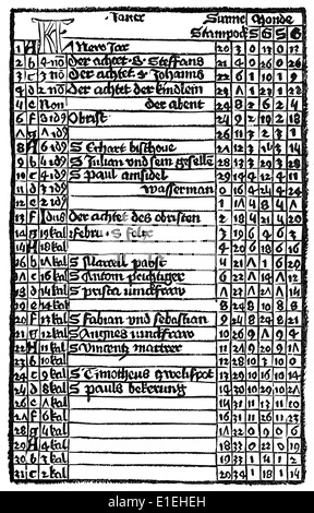 Calendrier par Johannes Müller von Königsberg ou Regiomontanus, 1436 - 1476, un mathématicien, astronome, astrologue, Banque D'Images