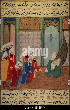 Muhammad (ch. 570-632), du nouveau-né sur les bras de sa mère, montre à son grand-père Abd al-Muttalib et autres habitants de La Mecque. Banque D'Images