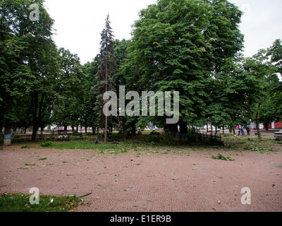 Luhansk, Ukraine. 2 juin 2014. Canon appareils étaient les arbres endommagés dans le parc près du bâtiment - Bâtiment de l'administration régional Luhansk-, un missile a frappé le MiG-29, l'Armée de l'air ukrainienne. Dans ce bâtiment de séparatistes mettre le gouvernement auto-proclamé la République populaire de Luhansk. Crédit : Igor Golovnov/Alamy Live News Banque D'Images