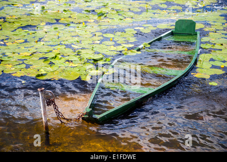 Bateau coulé plein d'eau au bord du lac Banque D'Images