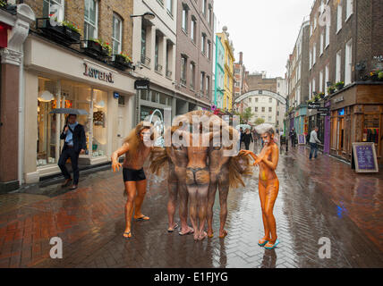 Carnaby Street, London UK. 3 juin 2014. Pour le coup d'envoi du tout premier manga de pop-up shop, le plus grand que la vie lion est découvert rôdant sous l'emblématique arc de Carnaby Street dans le West End de Londres pour l'un le matin seulement pour marquer le zoo s'établir dans le numéro 15 de la célèbre rue. La boutique, nommé ZSL vivant la conservation, s'ouvrira le vendredi 6 juin dans le cadre du Lions du ZSL400 campagne - un ambitieux projet de collecte de fonds publics visant à sensibiliser les livres pour 5,7m lion d'Asie en voie de disparition. Credit : Malcolm Park editorial/Alamy Live News Banque D'Images