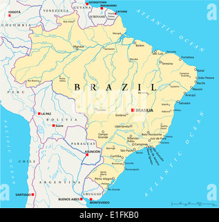 Carte politique du Brésil avec capitale, Brasilia, les frontières nationales, la plupart des grandes villes, rivières et lacs. Avec l'anglais à l'étiquetage. Banque D'Images