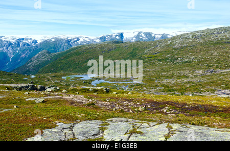 Paysage de montagne d'été avec les petits lacs de la pente (Norvège). Banque D'Images