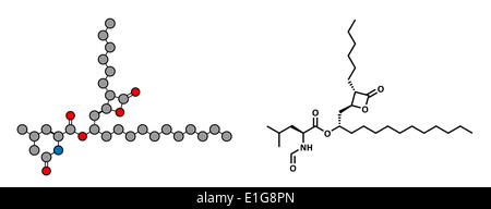L'Orlistat obésité, la structure chimique. Formule topologique classique et une représentation stylisée. Banque D'Images