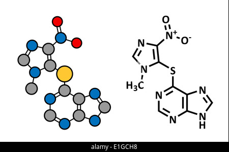 L'Azathioprine immunosuppresseur, la structure chimique. Utilisé pour prévenir le rejet de greffe et dans le traitement de l'auto-immunité. Banque D'Images