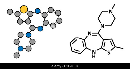 Antipsychotique Olanzapine, structure chimique. Formule topologique classique et une représentation stylisée. Banque D'Images