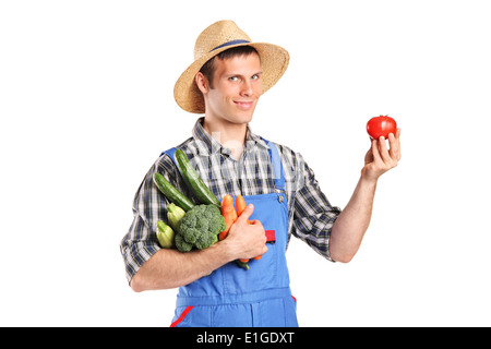 Gardener holding un tas de légumes et un seul tomato Banque D'Images