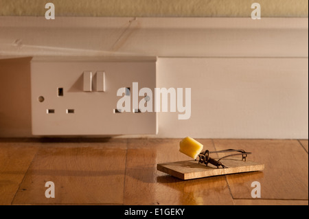 En bois à l'ancienne fromage jaune appâtés mousetrap avec crumb prêt à attraper une souris sur le plancher de chêne près de la prise d'électricité Banque D'Images