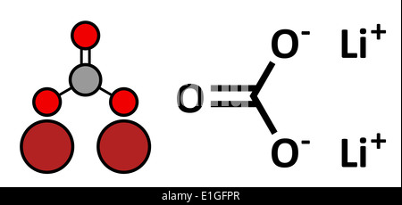 Le carbonate de lithium (Li2CO3) le trouble bipolaire, la structure chimique. Formule topologique classique et la représentation stylisée Banque D'Images