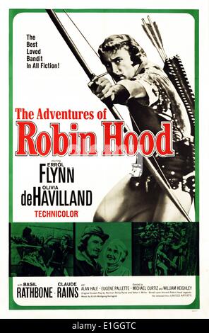 Les aventures de Robin des Bois un film américain 1938 mousquetaire avec Errol Flynn, Olivia de Havilland, Basil Rathbone et Claude Raines. Banque D'Images