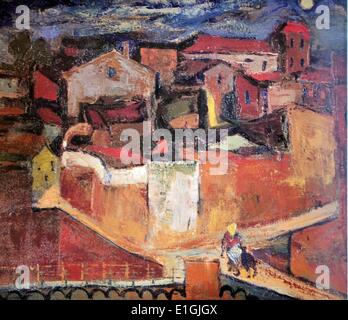 Alcuaz Federico Aguilar, Village Espagnol, 1957, huile sur toile. Banque D'Images