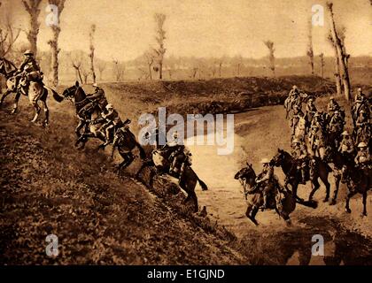 La charge de cavalerie à travers une rivière au cours de la Première Guerre mondiale. Banque D'Images