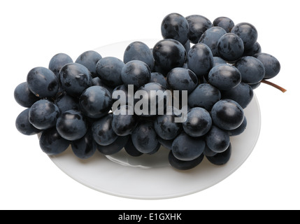 Bouquet de raisins noirs sur une plaque blanche, isolée Banque D'Images