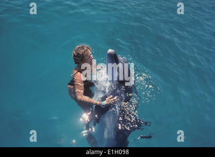 Formateur travaille avec grand dauphin - Tursiops truncatus - Eilat, Israël, Mer Rouge. Banque D'Images