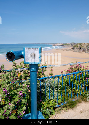 Point de vue de télescope Tolcarne beach, Newquay, Cornwall, UK Banque D'Images