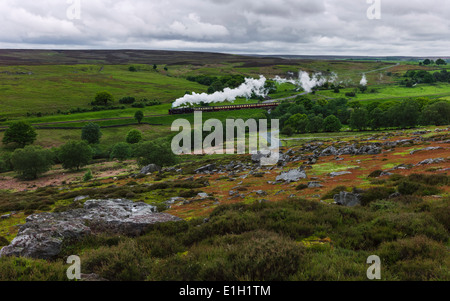 Un train à vapeur d'époque fait son chemin à travers le cœur de la North York Moors National Park près de Goathland, Yorkshire, UK. Banque D'Images