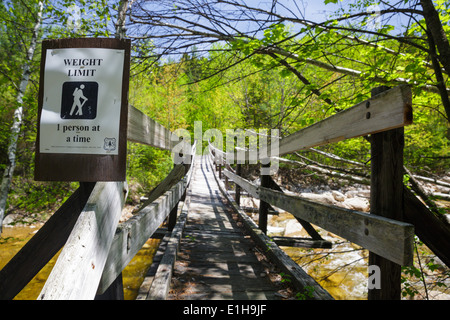 North Fork junction, passerelle qui traverse la branche est de la rivière Pemigewasset le long du sentier des chutes de Thoreau dans Pemigewasset Wilderness, NH. Banque D'Images