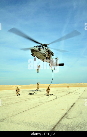 Des opérations spéciales de l'US Navy SEAL Team 5 opérateurs avec corde rapide au cours de la formation avec l'hélicoptère de combat en mer (HSC) à 26 de l'Escadron Banque D'Images