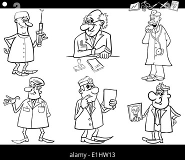 Illustration Cartoon noir et blanc de Funny Personnel médical Médecins pour jeu de caractères Coloring Book Banque D'Images