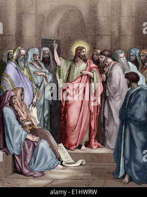 Nouveau Testament. Jésus dans la synagogue. Évangile selon saint Luc. Gustave Dore dessin. 19e siècle. De couleur. Banque D'Images