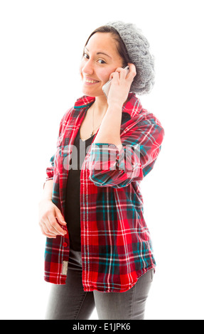 Young Woman talking on mobile phone and smiling Banque D'Images