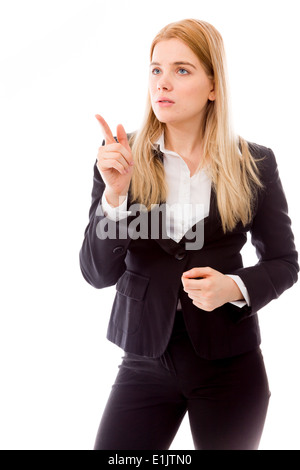 Businesswoman pointing finger isolé sur fond blanc Banque D'Images