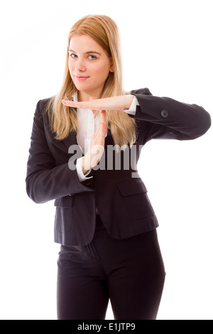 Businesswoman showing time out signe avec les mains Banque D'Images