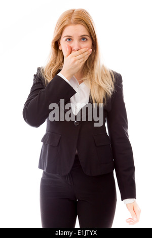 Businesswoman with main sur sa bouche Banque D'Images