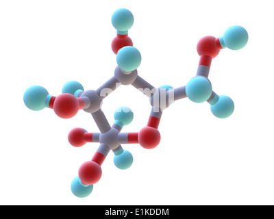 Le fructose sucre de fruit modèle moléculaire présent dans de nombreuses plantes Les atomes sont représentés comme des sphères et sont codés par couleur : carbone (gris) Banque D'Images