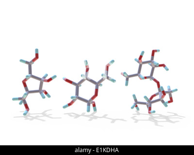 Le fructose et glucose sucrose modèles moléculaires (de gauche à droite) les atomes sont représentés comme des tiges et sont codés par couleur : carbone Banque D'Images