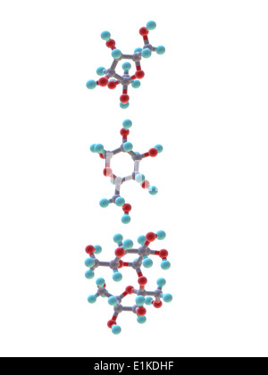 Le fructose et glucose sucrose modèles moléculaires (de haut en bas) les atomes sont représentés comme des sphères et sont de couleurs différentes : Banque D'Images