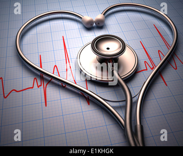 Stéthoscope en forme de cœur et d'un électrocardiographe. Banque D'Images